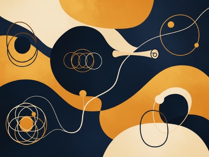 Abstract artistic composition with navy and gold shapes representing wisdom and timeless knowledge