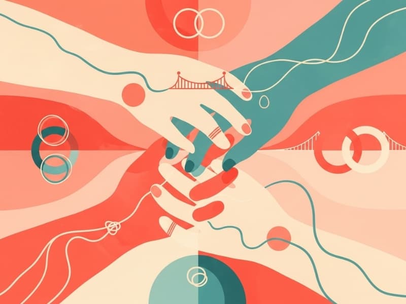 Abstract artistic composition with coral and teal shapes representing friendship bonds and support